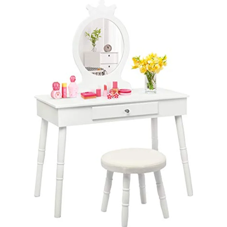 COSTWAY Kinder Schminktisch mit Hocker und abnehmbarem Spiegel, Holz weiß, 34 x 70 x 100 cm – Bild 2