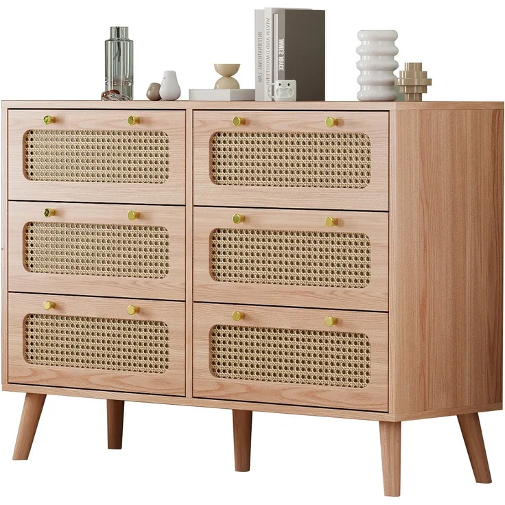FUROKOY Sideboard Kommode Holz Mit rutschfesten Tischbeinen und Kippschutzvorrichtung, 100 x 34 x 73 cm,Mit 6 Schubladen,Mit geräuscharmem Dämpfungsschlitten