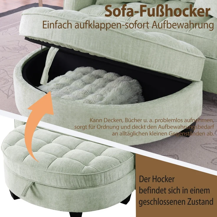 Multifunktionales Sofa, 2-in-5 Sofa-Bett mit Aufbewahrungs-Hocker atmungsaktiver Stoff für kleine Räume, Stoff und Eukalyptusholz, Black, – Bild 5