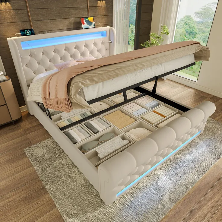 FAVSH Polsterbett 140x190cm, Doppelbett aus Samt mit LED-Beleuchtung und Stauraum, mit USB-Typ-C-Anschluss am Kopfteil, Hydraulisches Stauraumbett für Jugendliche und Erwachsene, Beige (ohne Matratze)
