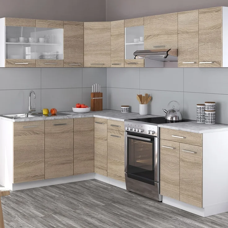 Eckküche R-Line Sonoma/Weiß 247 x 167 cm, AP Marmor mit LED-Leisten Vicco – Bild 4