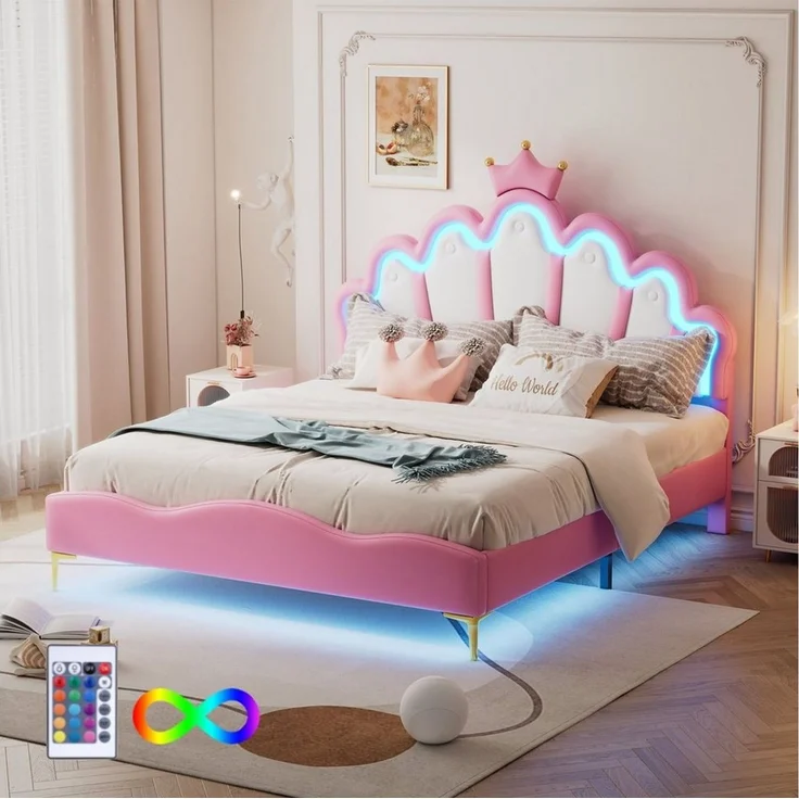 Flieks Polsterbett, LED Kinderbett Doppelbett mit krone-Form Prinzessinnenbett 140x200cm – Bild 1