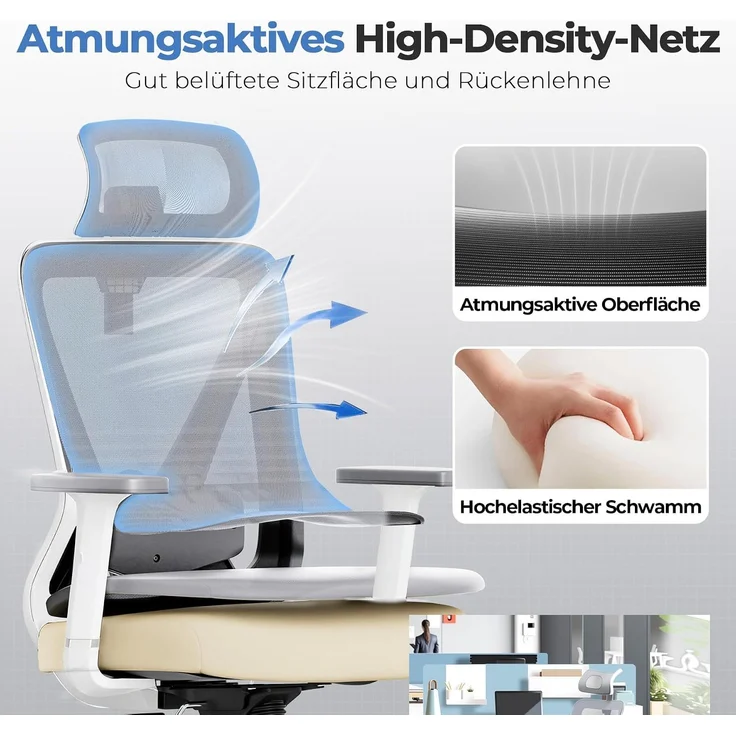 COMHOMA Bürostuhl Ergonomisch [TESTSIEGER], Schreibtischstuhl mit 3D-Kopfstütze & 3D-Lendenwirbelstütze, verstellbare Armlehnen, Office Chair mit Wipp- und Kippfunktion,Belastung bis 150KG, Grau – Bild 6