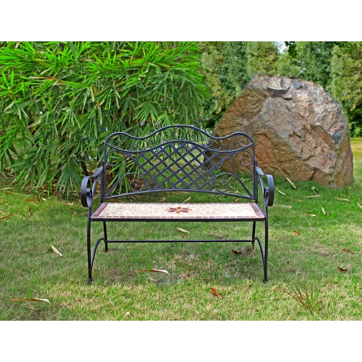 Gartenbank RANIA mit Mosaik - 115cm Breit, Eisen, Braun | Terrassenbank Wetterfest Sitzbank Outdoor Bank – Bild 3