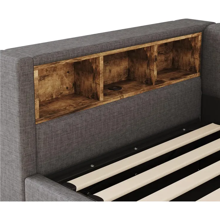 Schlafsofa mit LED-Streifen, Lattenrost, Regal, Rückenlehne, Aufbewahrung, Type-C und USB, 90x200 cm, Polsterbett, Einzelbett, Tagesbett, Leinen – Bild 9