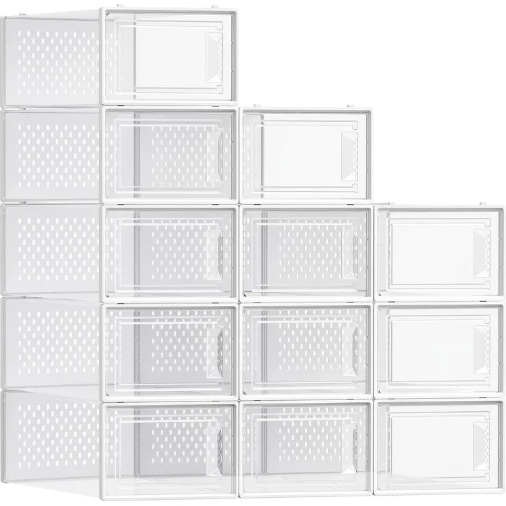 Songmics Schuhboxen, 12er Set, Schuh-Organizer aus Kunststoff, faltbar und stapelbar, für Schuhe bis Größe 44, transparent-weiß LSP12SWT