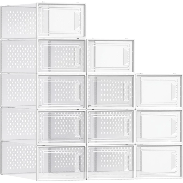 Songmics Schuhboxen, 12er Set, Schuh-Organizer aus Kunststoff, faltbar und stapelbar, für Schuhe bis Größe 44, transparent-weiß LSP12SWT – Bild 1