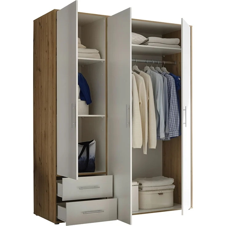 Drehtürenschrank Valderas / Valencia, Holzwerkstoff, Weiß, Holzfarben, 155 x 195 x 60 cm – Bild 2