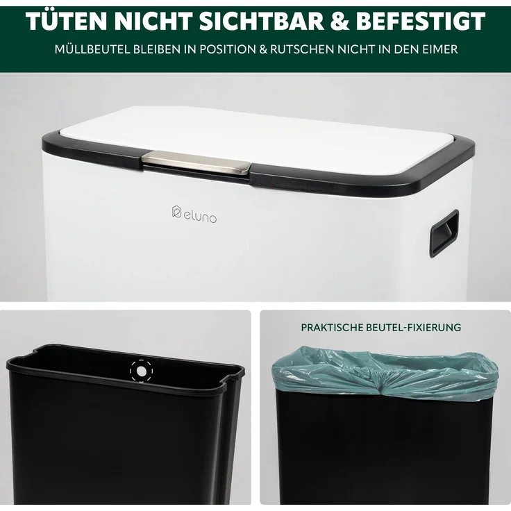 eluno Abfalleimer, 60 Liter Fassungsvermögen aus weißem Metall, ca. 53 x 79,5 x 32,5 cm (B/H/T) – Bild 6