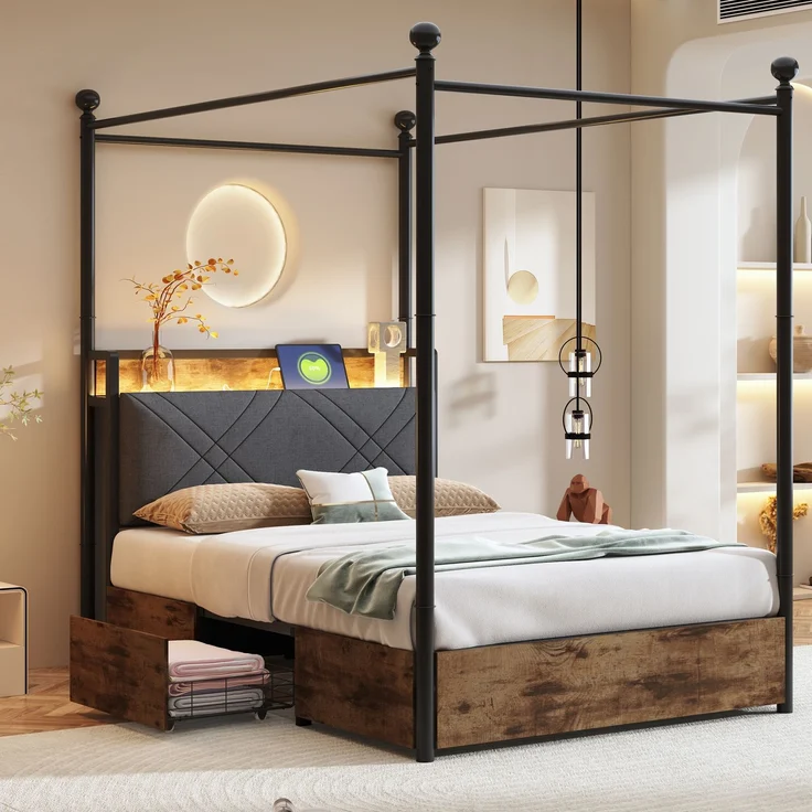 Himmelbett mit LED, USB-Anschluss & gepolstertem Kopfteil, 90x190 cm, Schwarz, ohne Matratze – Bild 1