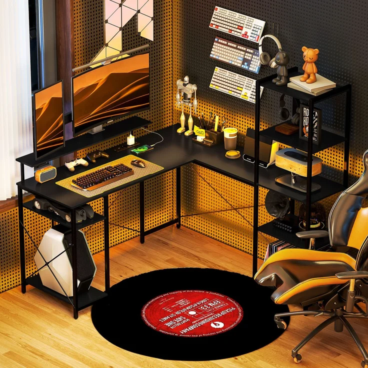 MELAYR, L-förmiger Schreibtisch mit Ladestation, 137 x 140 x 139.5 cm, Schwarz – Bild 4