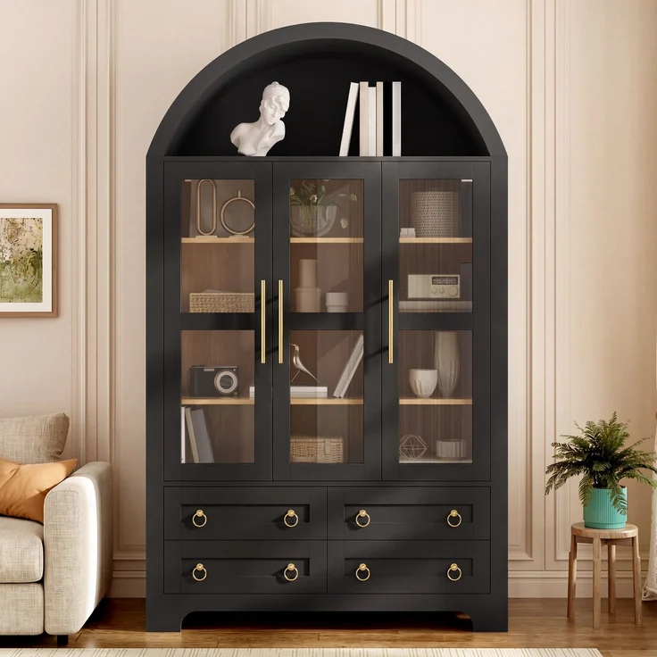 Flieks Vitrinenschrank, Hochschrank mit 3 Glastüren, 4 Schubladen & offener Bogennische, 110 x 40 x 185 cm, Schwarz – Bild 1
