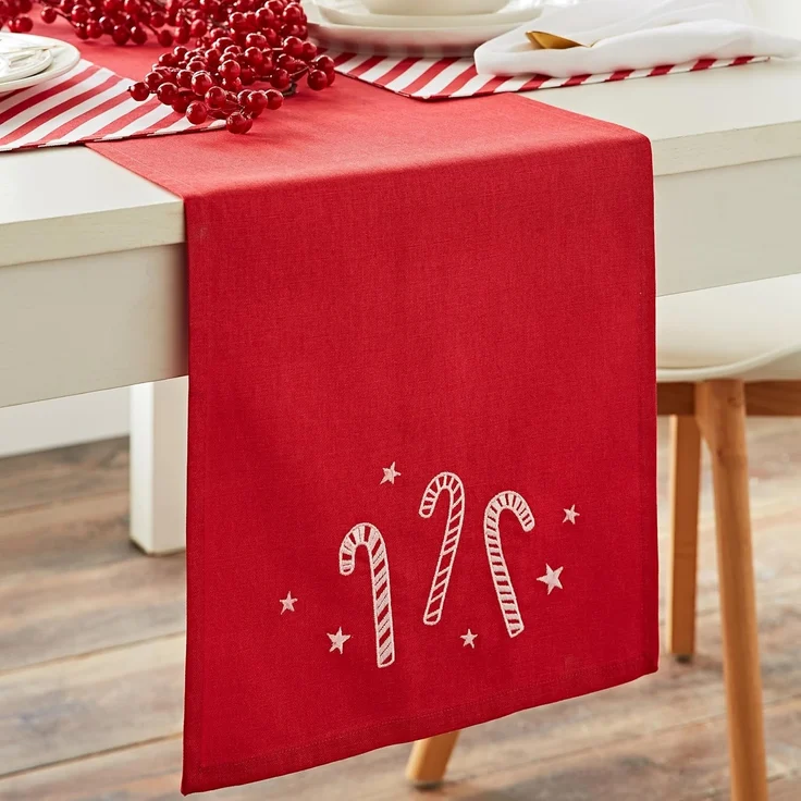 Catherine Lansfield Weihnachtlicher Zuckerstangen-Tischläufer, Baumwolle, Bestickt, 32x220 cm, Weiß/Rot – Bild 2