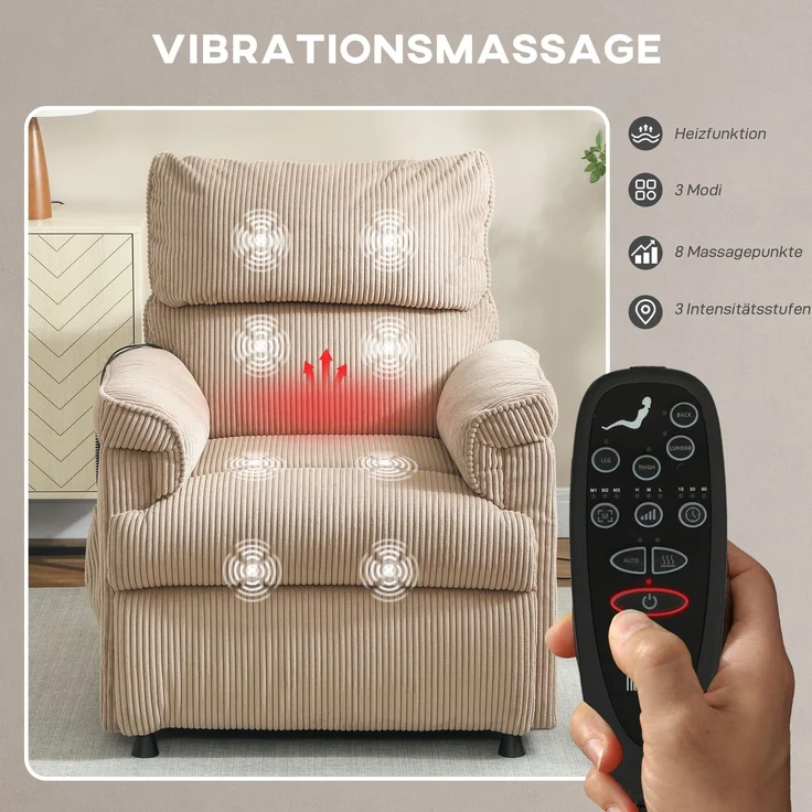 Wohnora-Massagesessel mit Vibrationsmodi, Wärmefunktion, leiser Motor, Memory-Funktion, Stahl, Stoffbezug, Braun,H 1050cm x T 940cm x B 860cm – Bild 5
