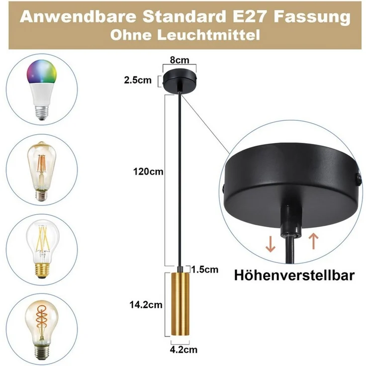 Nettlife Hängeleuchte Gold 1 Flammig Esszimmerlampe E27 Metall Industrial Pendelleuchte, Höhenverstellbar, ohne Leuchtmittel, Bettlampe Nachttisch Hängend Küchenlampe für Schlafzimmer Flur – Bild 3