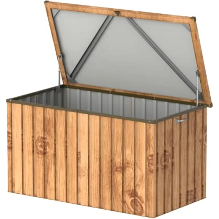 Duramax DH 1.3 (585L) Kissenbox aus Metall mit hydraulischer Gasdruckfeder und Vorhängeschlossöse, Terrassenbox und Gartenmöbelaufbewahrung für den Außenbereich, Holzmaserung – Bild 3