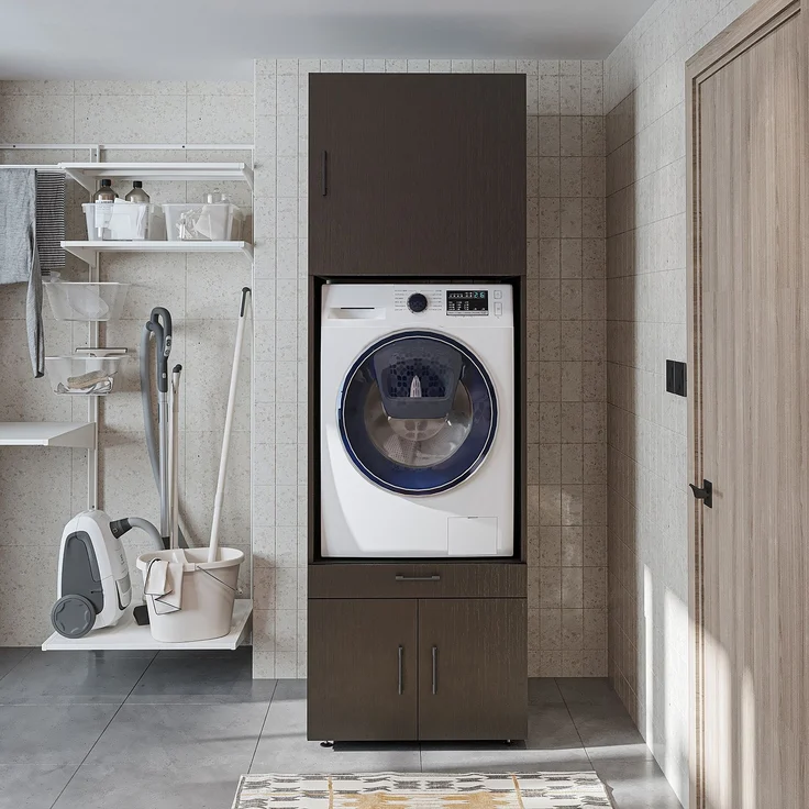 Roomart Waschmaschinenschrank 205 cm – Überbau, Ausziehbrett, Schublade | • Schwarz-Eiche – Bild 3