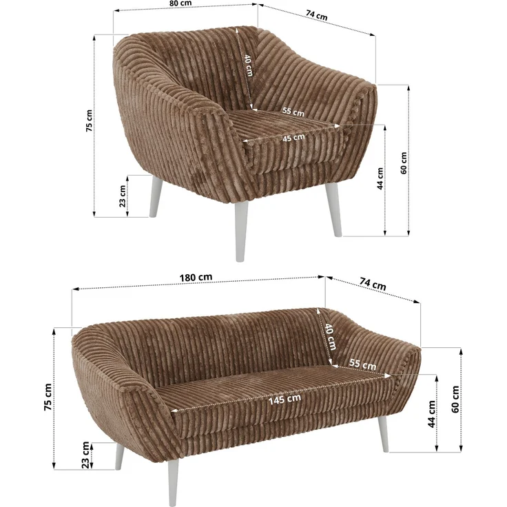 Wohnzimmerset, Möbelset PIRS 3-3-1, Armlehnen, Wellenfederung, weiße Füße, Dreisitzer Sofas mit Sessel, Polstermöbel Set - Braun Cord – Bild 5
