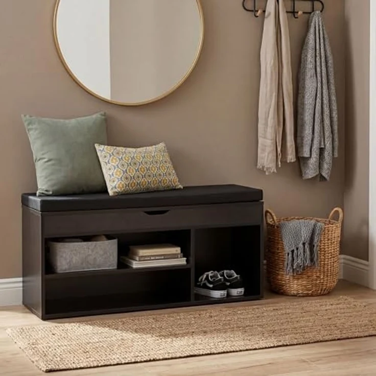 FINEBUY Schuhbank FB116472 104 cm Garderobenbank Sitzbank Stoff Flurbank Schwarz (mit Sitzfläche Garderobenbank 104x51x32 cm), Sitzbank Schmal Flur mit Stauraum, Truhenbank – Bild 2
