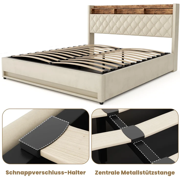 Polsterbett aus Samt mit hochelastischer Polsterung & Lattenrost, ohne Matratze, 180x200 cm, Beige – Bild 10