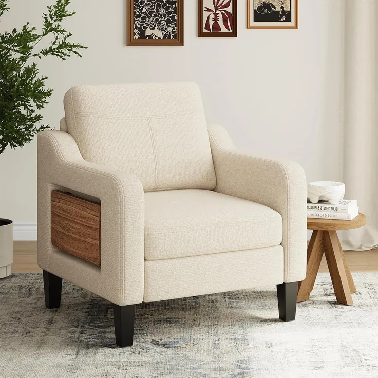 COLAMY Moderner Wohnzimmer-Sessel mit Akzentfunktion, bezogen in Leinen-Optik – Gemütlicher Lesesessel mit Klapptisch, 2 Seitentaschen und Holzarmlehnen für Wohnbereich und Schlafzimmer