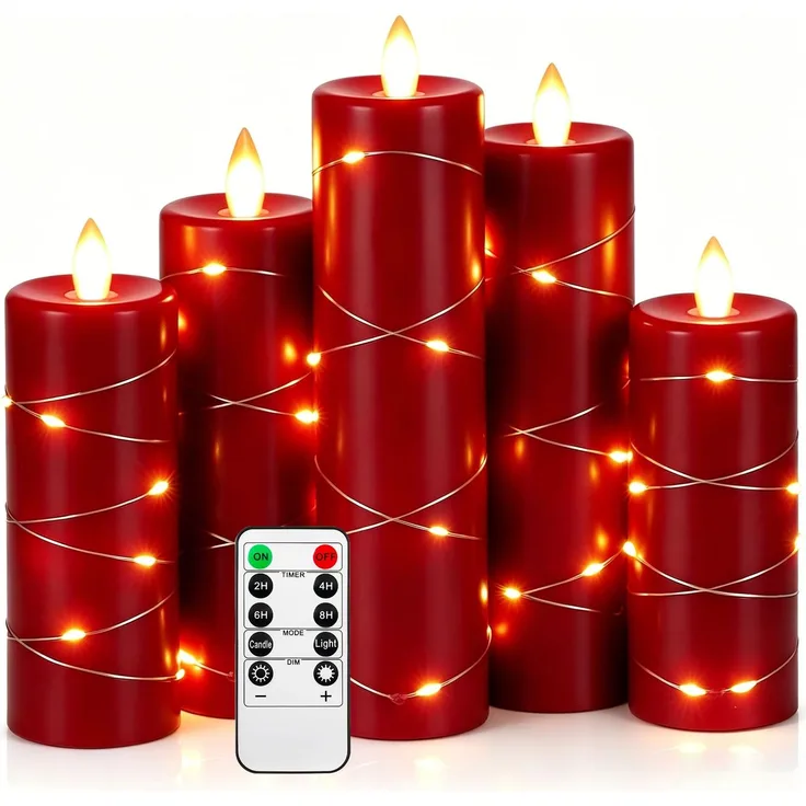 Da by 5 Stück Rote Paraffin LED Kerzen mit Feenlichtkette, Realistische Flackerflamme, Batteriebetriebene Premium Kerzen mit Fernbedienung, Wiederverwendbar für Fest- und Wohndekoration