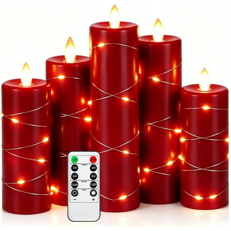 Da by 5 Stück Rote Paraffin LED Kerzen mit Feenlichtkette, Realistische Flackerflamme, Batteriebetriebene Premium Kerzen mit Fernbedienung, Wiederverwendbar für Fest- und Wohndekoration