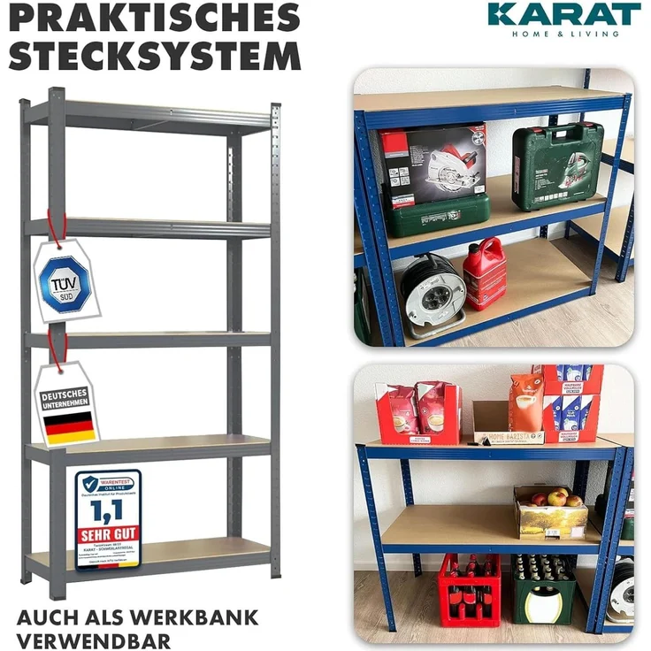KARAT Schwerlastregal, 2er Set - Steckregal, Kellerregal, Lagerregal - 5 verstellbare Böden (Verzinkt, 50 x 100 x 200 cm) – Bild 5