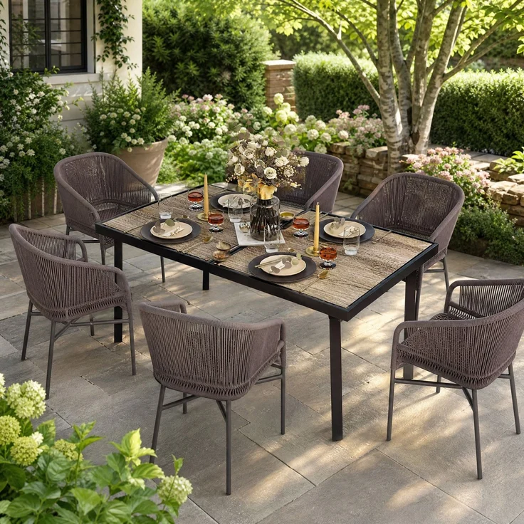 Gartentisch 145x85x72 cm, rechteckiger Esstisch in Holzoptik mit Stahlgestell, grau, für bis zu 6 Personen – Bild 3