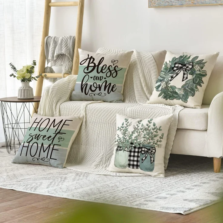 Kissenbezüge 45×45 cm 4er-Set Eukalyptus-Kranz, Bless Our Home, Buffalo Plaid, Frühling Deko – Bild 3