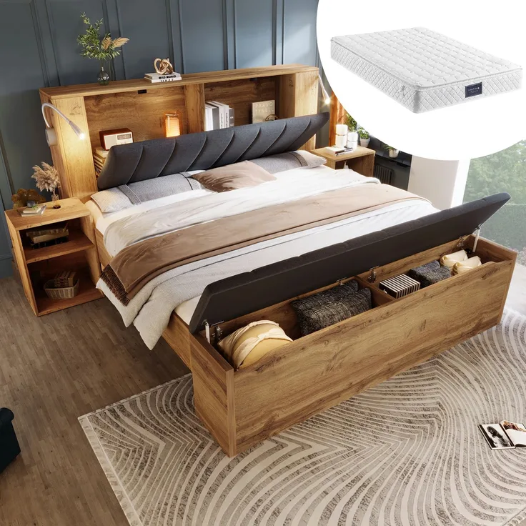 Rayofly-Doppelbett H 200cm x T 160cm x B 200cm, Holzbett mit klappbarem Kopfteil aus Leinenstoff, Stauraum, 2 Nachttische, Bettbank mit Stauraum, Leselampen mit USB, Lattenrost, Eiche, mit Matratze