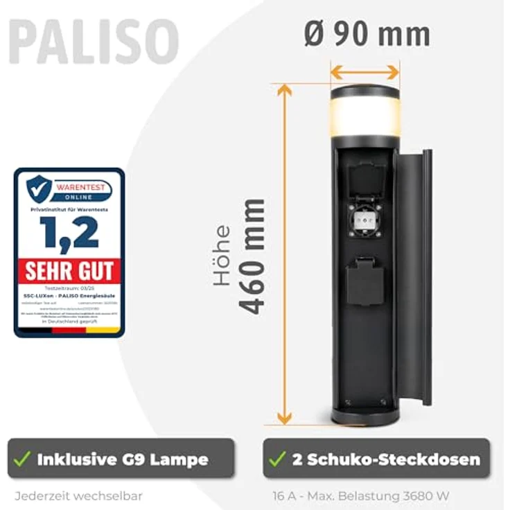 SSC-LUXon PALISO Energiesäule, schwarze Pollerleuchte mit 2 geschützten Steckdosen und G9 3W LED warmweiß, IP44, Ø 90 x 460 mm – Bild 5