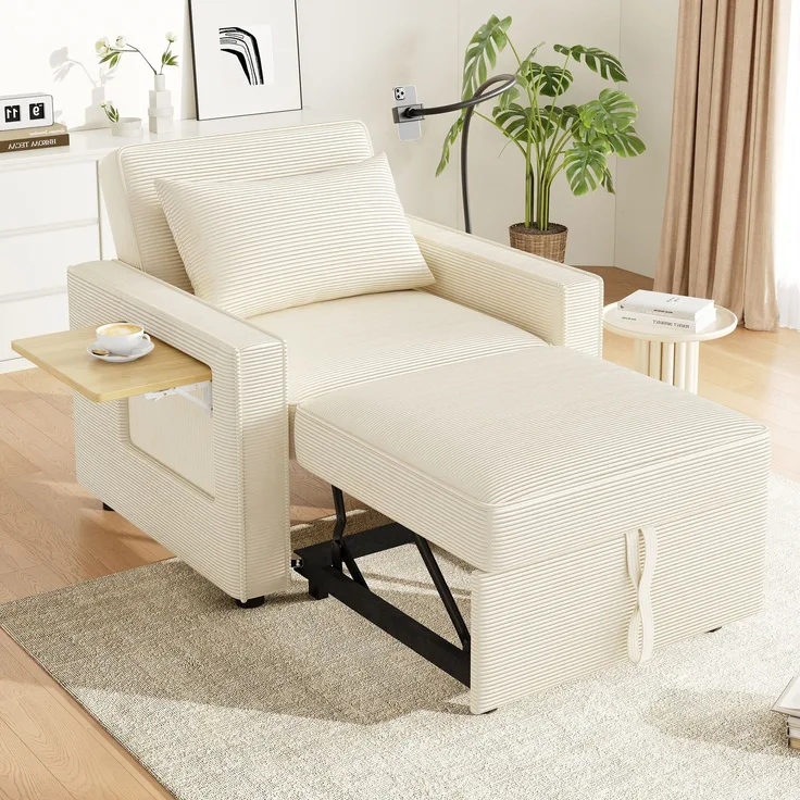 Multifunktionales faltbares Schlafsofa mit USB-Ladeanschluss und Handyhalter, 1-Sitzer Relaxsessel Sofa Bett umwandelbar, platzsparend für Wohnzimmer und Schlafzimmer, Cord Stoff, Beige