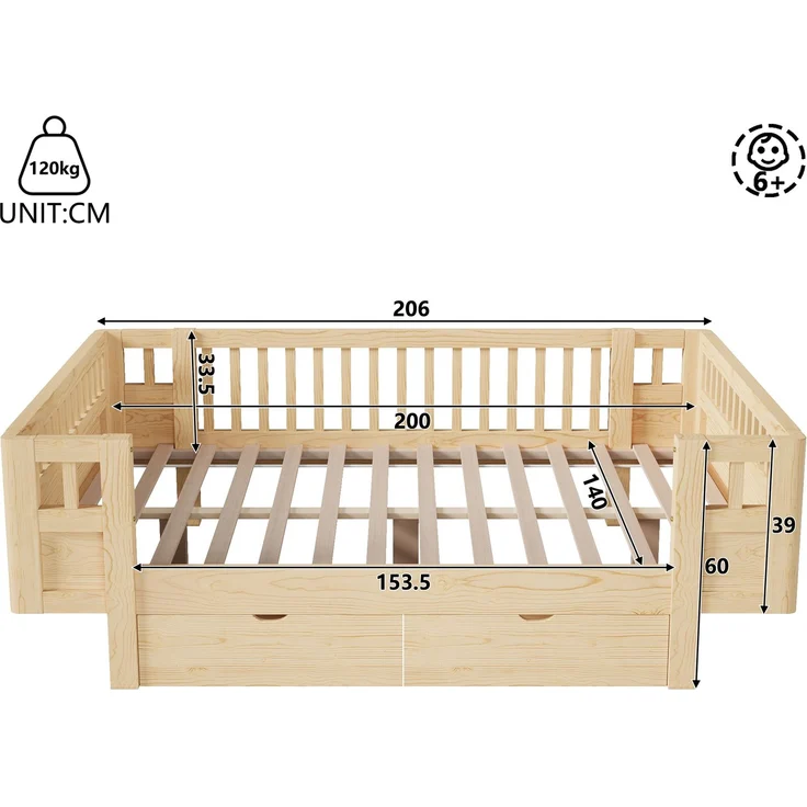 Merax Hochbett 140x200 Kinderbett, mit hohem Schutzgitter & zwei großen Schubladen, Holzfarbe – Bild 4
