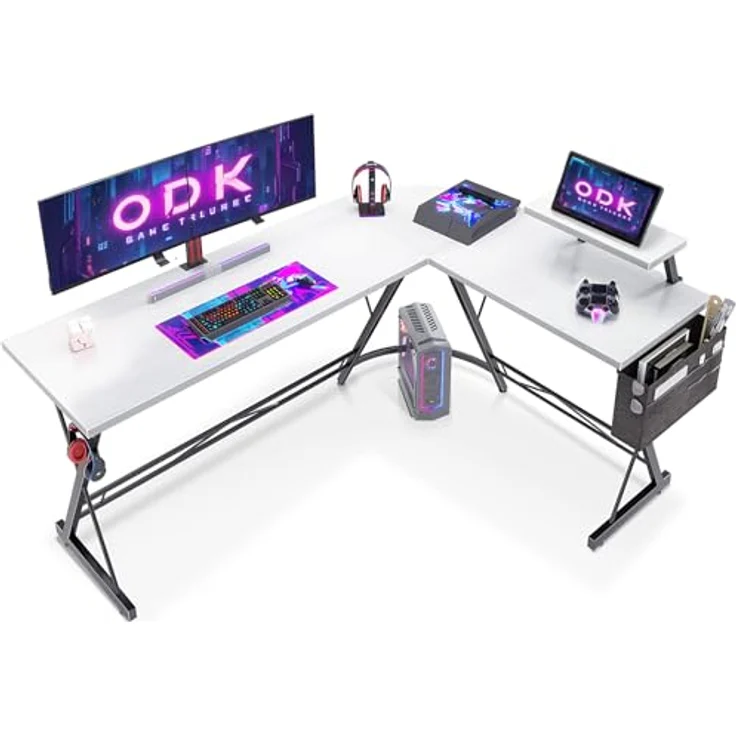 ODK Gaming Tisch, Computertisch, Gaming Schreibtisch mit runder Ecke, Gaming-Tisch mit Monitorablage (Weiß, 167x120 cm) – Bild 2