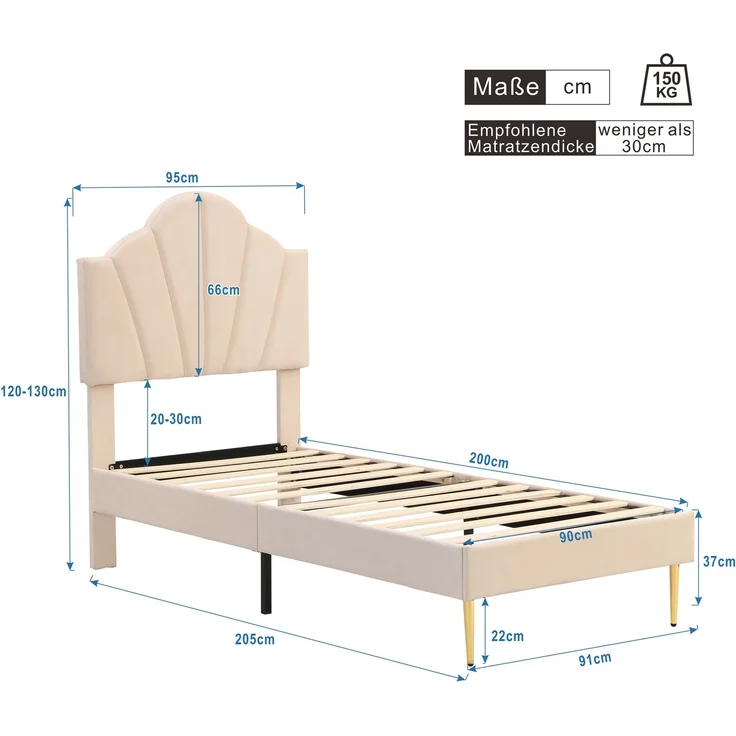Polsterbett 90×200 cm aus Samt-Stoff mit Stauraumbank & Goldenen Eisenbeinen, beige – Bild 3