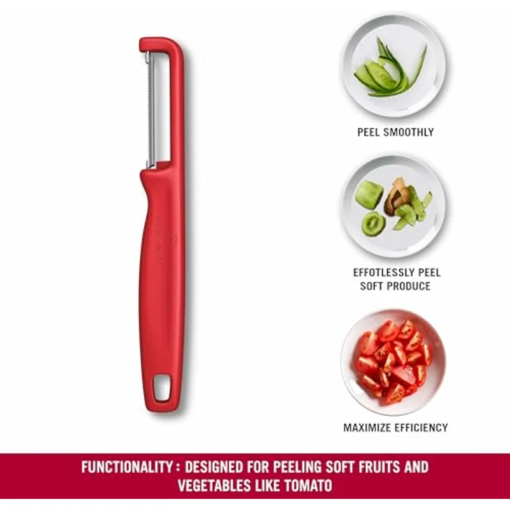 Victorinox Sparschäler "Iota", Schäler für Gemüse, Obst, Zackenschliff, Zweischneidig, Extra Scharf, Swiss Made, rot – Bild 7