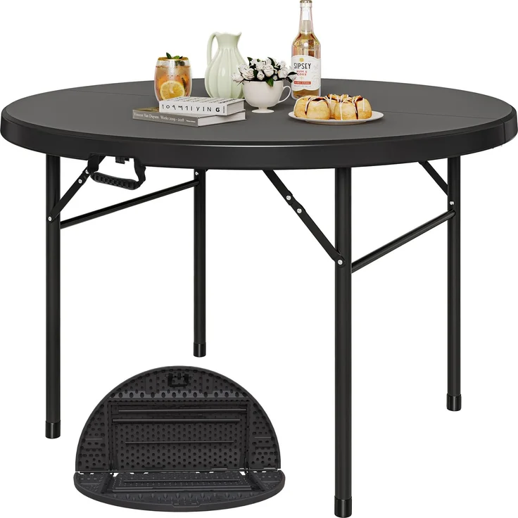 YITAHOME 122cm Runder Klapptisch mit Tragegriff Wetterfest für Outdoor/Indoor, Tragbarer Campingtisch mit Metallrahmen, Kunststoff Gartentisch mit 4cm Tischplatte für Party, Camping, Grill, Schwarz – Bild 1