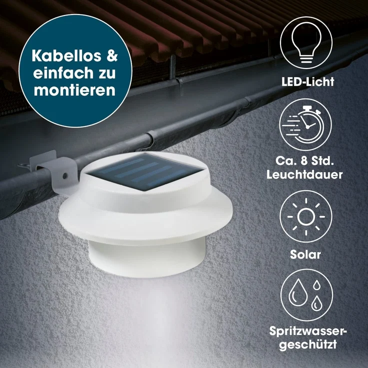 EASYmaxx Solar-Leuchte für Dachrinne 3er-Set | mit Tageslichtsensor, kabellos [weiß] – Bild 2
