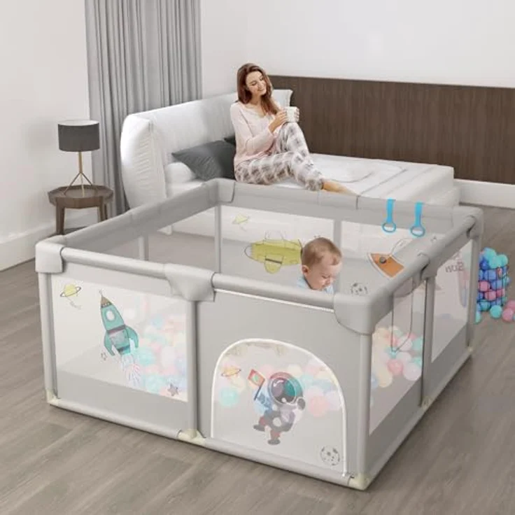 FIVMEN Laufstall 127x127cm Mit 50 Spielbällen, Krabbelgitter Und 4 Zugringen - Tragbarer Baby Playpen, Grauer Raumfahrer – Bild 8