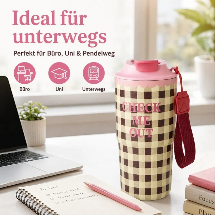 rice Thermobecher RICE Thermobecher Check Me Out 550 ml pink kariert, 1-tlg, Edelstahl, Schraubverschluss – Bild 2