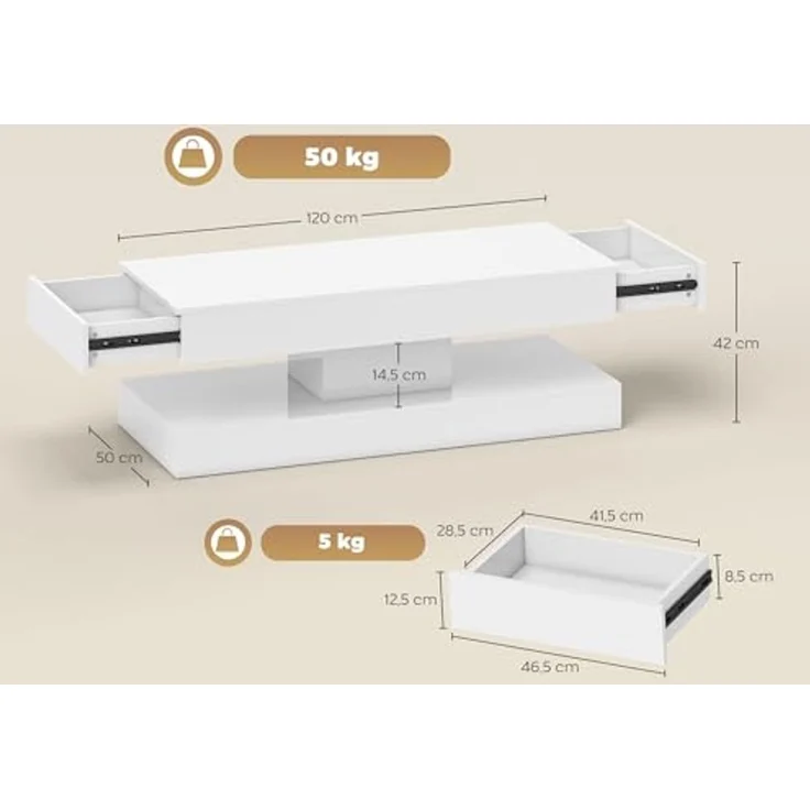 HOMCOM Couchtisch mit 12-Farbiger LED Beleuchtung, 2 Schublade, offenem Regal (Wohnzimmertisch, 1-St, Modern Beistelltisch), Kaffeetisch für Wohnzimmer 120 x 50 x 42 cm, Weiß – Bild 3