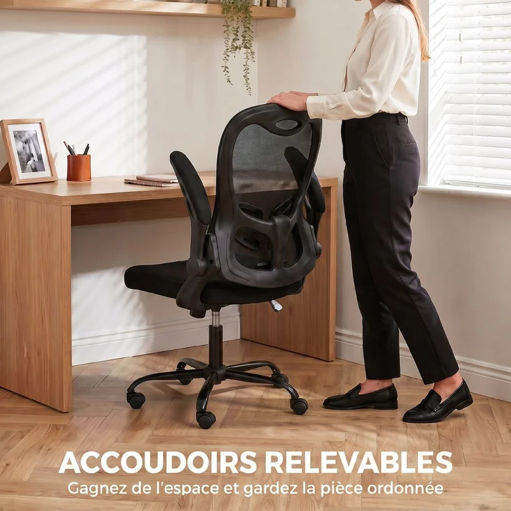 Ergonomischer Bürostuhl, Bürostuhl aus Netzgewebe, hochklappbare Armlehnen, höhenverstellbar, Wippfunktion, schwarz – Bild 6