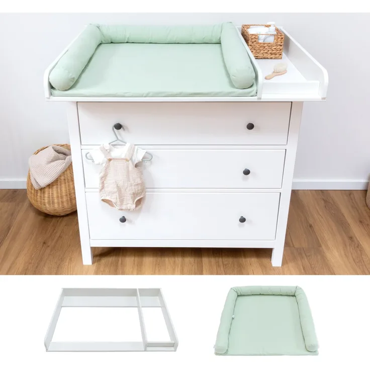 LIMMALAND Wickelaufsatz Set für IKEA HEMNES – mit Aufsatz, Wickelauflage & Umrandung aus 100% Baumwolle (Eukalyptus Light, 108 cm Aufsatz & Auflage)