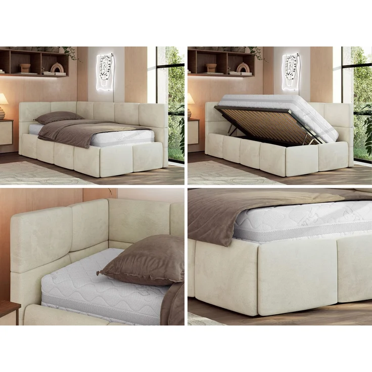 Jugendbett 90x200 ARVO Polsterbett mit Bettkasten, Stauraum & Gasdruckfeder, Modernes Design mit Kopfteil, Pocket Matratze - Beige Velvet - VIRE LUX - Links Seite – Bild 2