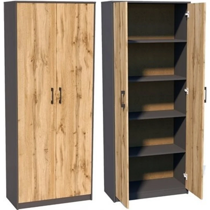 Home Collective Mehrzweckschrank Aktenschrank mit 5 Fächern Haushaltsschrank (74 cm breit aus Laminatplatte und hochwertigen Polymergriffen) in mattem Finish mit 4 Einlegeböden und 2 Türen graphit Eiche – Bild 4