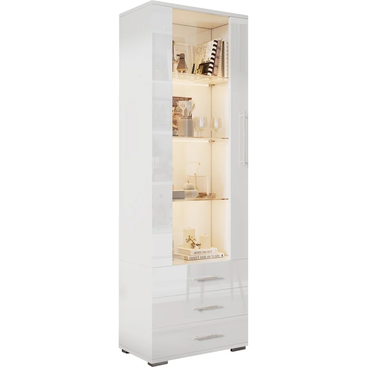 Weiße Hochglanzvitrine, Vitrine Glasvitrine , Standvitrine mit LED-Beleuchtung, Vertikale Vitrine mit 3 Schubladen, 60*35*180cm--Weiß--60x35x180cm--YOUDENOVA – Bild 10