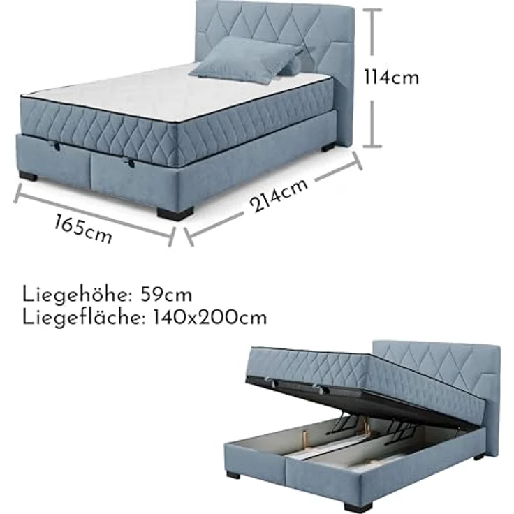 NAGOL B Boxbett 140x200, Denim - Bequemes Bett mit Bettkasten und Premium 9-Zonen-Federkern Wendematratze - 165 x 114 x 214 cm (B/H/T) – Bild 4