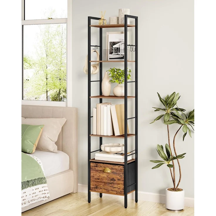 Bücherregal, 6 vertikale Regale mit 1 Zusammenklappbare Stoffschubladenund 4 Haken, offene Regale, Metallrahmen, geeignet für Arbeitszimmer, Wohnzimmer Vintagebraun-Schwarz – Bild 1