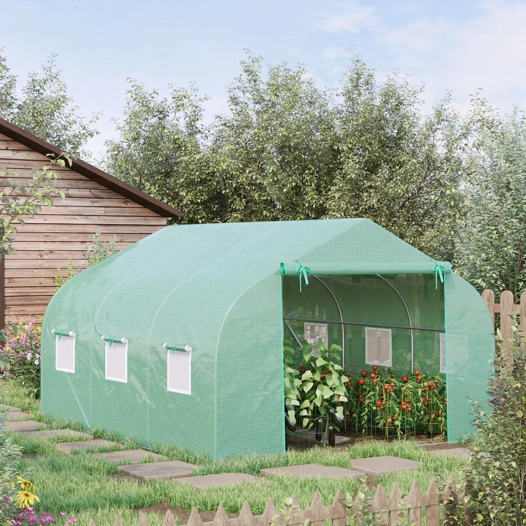 MELAYR, Gewächshaus 3.5 x 3 x 2 m Foliengewächshaus mit Rollbar Reißverschlusstür 6 Netzfenster Stützstangen, Dunkelgrün – Bild 4